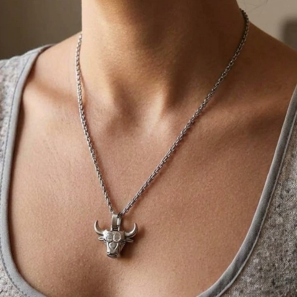 Silver Tone Bull Head Pendant Necklace 24 Inch Cable Chain Streetwear Jewelry